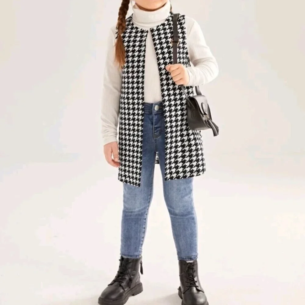 SHEIN Young Girl Houndstooth Print Open Front Vest Coat